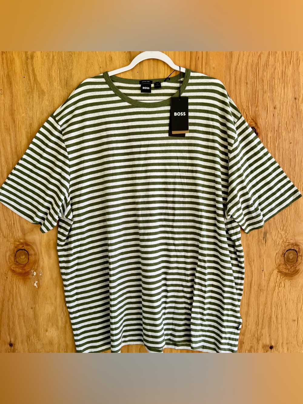 NWT BOSS Hugo Boss Tiburt 457 Green White Striped Cotton Linen T-Shirt 4XL